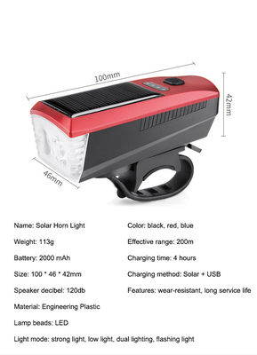 Luz de bicicleta de carregamento solar e USB azul 2000mAh Farol dianteiro para ciclismo rodoviário MTB