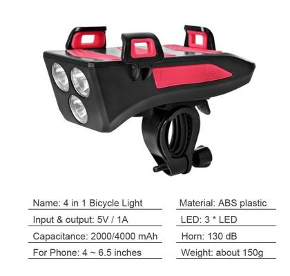 USB Recarregável LED Bicicleta Farol Bicicleta Corno Porta-telefone Powerbank para viagem noturna
